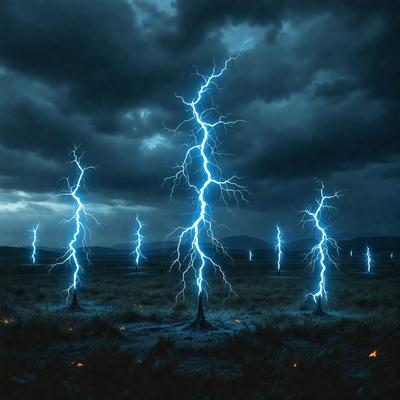 The primary subject of the image is a group of lightning bolts, which are streaking through the sky. The setting is a field with a cloudy sky, and the visual style appears to be a digital art or illustration. The colors and mood of the image are dramatic and intense, with the lightning bolts creating a sense of energy and power.